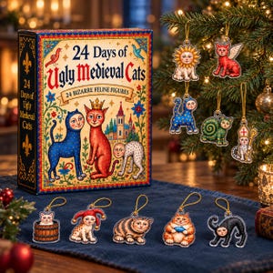 May include: A 24 Days of Ugly Medieval Cats advent calendar box featuring illustrated feline figures, accompanied by several hanging acrylic cat ornaments with gold strings, including a sun-faced cat, a winged cat, and a cat in a jester hat.