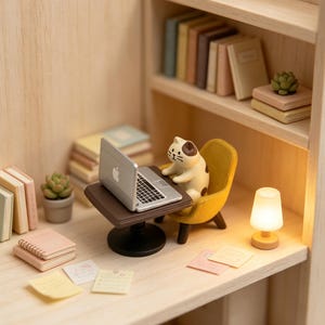 Könnte beinhalten: Ein Miniatur-Holzdiorama mit einer kleinen Katzenfigur, die auf einem gelben Stuhl an einem dunkelbraunen Schreibtisch mit einem silbernen Laptop sitzt. Die Szene enthält Bücherstapel, eine kleine Sukkulente, eine leuchtende Lampe und Notizzettel.