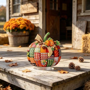 Puede incluir: Un adorno decorativo de calabaza con un diseño de patchwork cubierto de pedrería colorida y reflectante. La calabaza tiene un tallo verde, un lazo de cinta color canela y pequeños detalles naranjas en la parte superior, sobre una base acrílica.