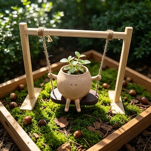 May include: A light beige, round ceramic planter with a simple smiling face, containing a small green plant. The planter sits on a dark wooden swing suspended by twine from a light-colored wooden frame, creating a miniature garden display.