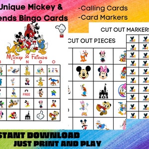 Op de afbeelding: Twaalf printbare bingokaarten met Mickey Mouse en zijn vrienden. De kaarten zijn ontworpen met een kleurrijke achtergrond en bevatten afbeeldingen van Mickey Mouse, Minnie Mouse, Donald Duck, Goofy, Pluto en het Disney-kasteel. De kaarten zijn perfect voor een Mickey Mouse-themafeest of -evenement.