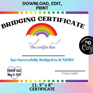 Girl Scout Bridging Certificate, Girl Scout Certificate, Girl Scouts, Girl Scout Printable, EDITABLE Instant DIGITAL DOWNLOAD