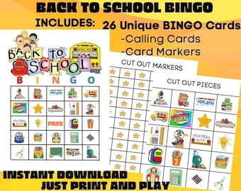 Back to School Bingo, 26 Back to School Party Bingo, Printable BINGO Children's Activity, Teachers Instant Download