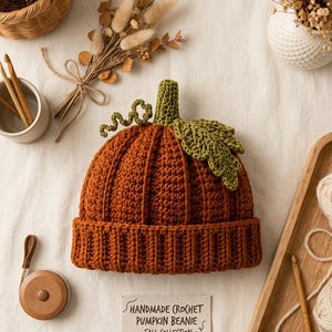 May include: A rust-orange crochet beanie shaped like a pumpkin, featuring a ribbed cuff, a green stem, a green leaf, and a curly green vine. A rectangular sign below reads: HANDMADE CROCHET PUMPKIN BEANIE - FALL COLLECTION.