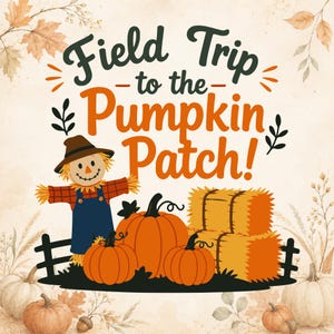 Może przedstawiać: Graficzna ilustracja z napisem Field Trip to the Pumpkin Patch! przedstawiająca stracha na wróble w brązowym kapeluszu, niebieskich ogrodniczkach i koszuli w kratę, trzy pomarańczowe dynie oraz dwie bele siana, otoczone jesiennymi liśćmi.