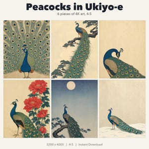Japanese Peacock Art Set of 6 Vertical | Ukiyo-e Peacock Prints | Tall Peony Moon Snow Wall Art | 4:5 Printable Digital Download