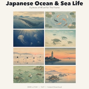 Könnte beinhalten: Eine Sammlung von acht digitalen Kunstdrucken mit dem Titel Japanese Ocean & Sea Life, die Wale, Koi-Fische, Quallen, Meeresschildkröten, Kraniche, einen Leuchtturm und Küstenlandschaften in 4K-Auflösung und 3840 x 2160 Pixeln zeigen.