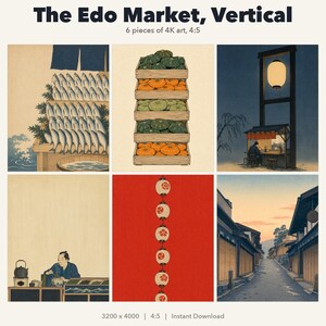 Japanese Market Art Set of 6 Vertical | Ukiyo-e Street Prints | Lanterns Fish Stall Lane | 4:5 Printable Digital Download
