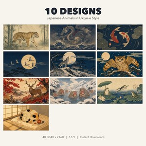 以下が含まれることがあります： 浮世絵スタイルの日本の動物を描いた10種類のデジタルアートプリント集。虎、龍、鯉、鶴、狼、フクロウ、鹿、スノーモンキー、カエル、猫が含まれています。テキスト：10 DESIGNS Japanese Animals in Ukiyo-e Style および 4K 3840 x 2160 | 16:9 | Instant Download。