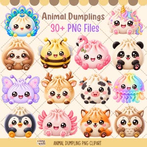 May include: A digital collection of Animal Dumplings featuring 30+ PNG files. The image displays various round, cartoon-style dumplings designed as animals including a peacock, unicorn, sloth, bee, flamingo, panda, butterfly, deer, cow, jellyfish, penguin, axolotl, fox, and owl.