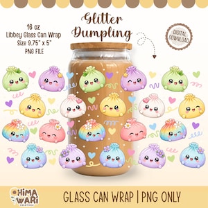 May include: A digital download design for a 16 oz Libbey glass can wrap measuring 9.75 inches by 5 inches. The pattern features various pastel-colored, smiling dumpling characters with small flowers, hearts, and squiggles on a light background.