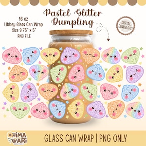 May include: A digital design for a 16 oz Libbey glass can wrap featuring a repeating pattern of pastel glitter dumplings with various cute facial expressions, small stars, and hearts. The text reads Pastel Glitter Dumpling, 16 oz Libbey Glass Can Wrap Size 9.75" x 5" PNG File, Digital Download, and Glass Can Wrap | PNG Only.