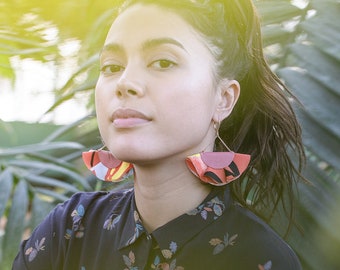 Bold colorful earrings for women / Pink and orange fan earrings /