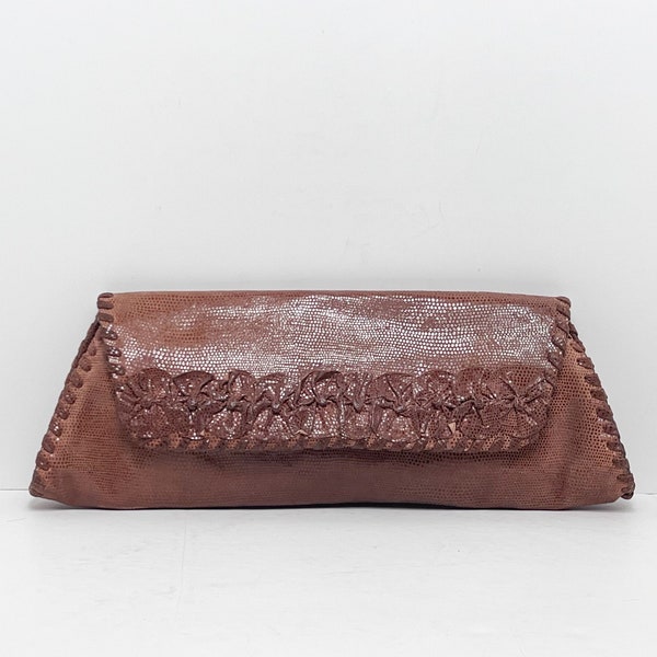 Vintage Anthony Luciano Brown Embossed Sueded Leather Rectangular Long Clutch