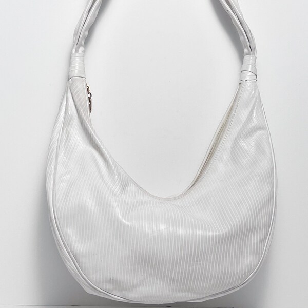 Vintage 1980s Susan Gail White Leather Hobo Shoulder Bag with Embossed Pinstripes