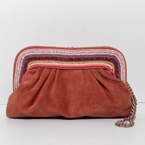Vintage Orange Suede Clutch with Multi-Colored Beaded Frame and Chain Strap