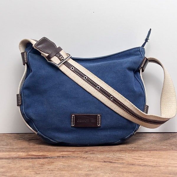 Vintage Cerruti 1881 Blue Canvas Hobo Shoulder Bag with Cream Cotton Strap