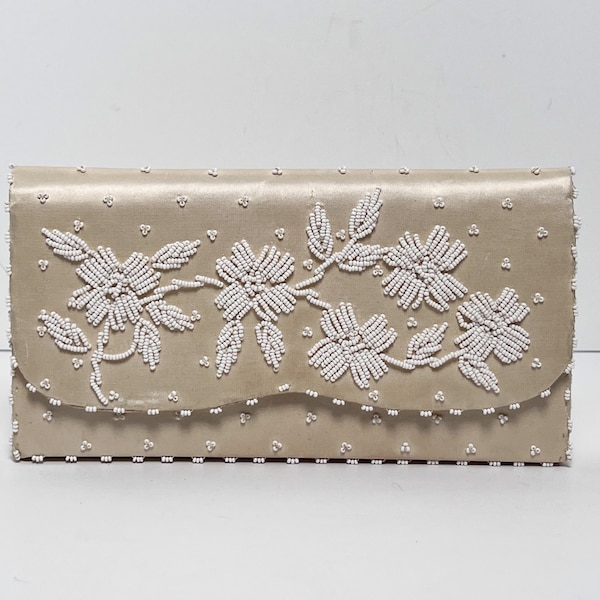 Vintage 1950s Handmade in Hong Kong Cream Satin Evening Bag Clutch with Beaded White Pearls in a Pretty Flower Design