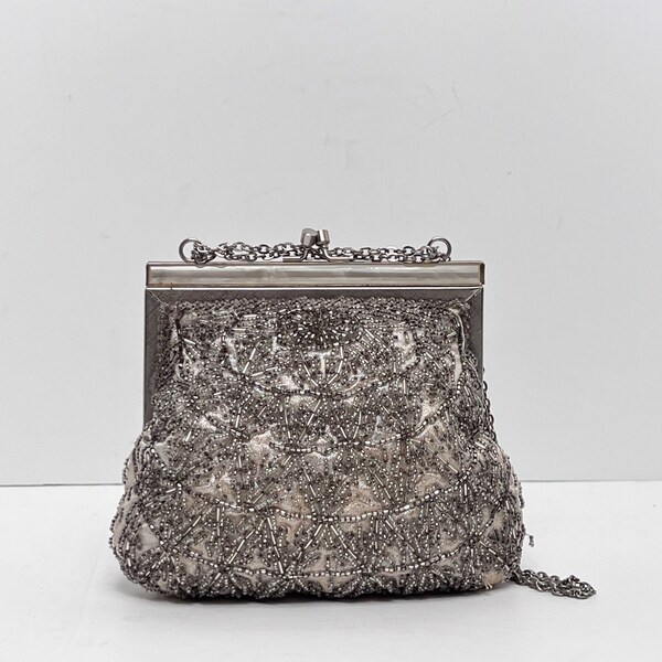 Vintage 1960s Fine Arts Bag Co Inc Made in Hong Kong Silver Beaded Handbag with Silver Frame