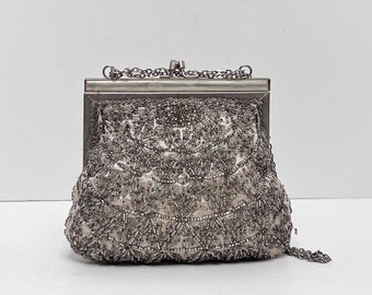 Vintage 1960s Fine Arts Bag Co Inc Made in Hong Kong Silver Beaded Handbag with Silver Frame