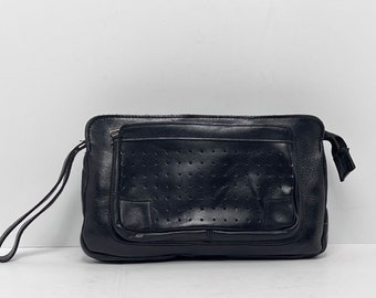 Pochette Mr Ralph en cuir noir vintage des années 1970 avec dragonne