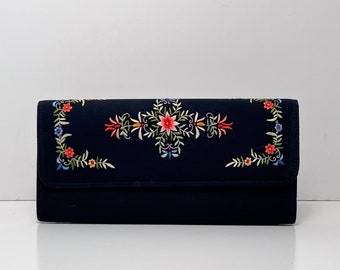 Vintage 1950s Black Silk Evening Bag Clutch with Brightly Colored Hand Stitched Floral Detail