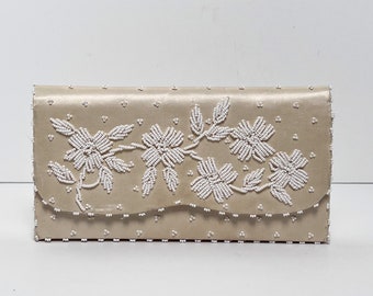 Vintage 1950s Handmade in Hong Kong Cream Satin Evening Bag Clutch with Beaded White Pearls in a Pretty Flower Design