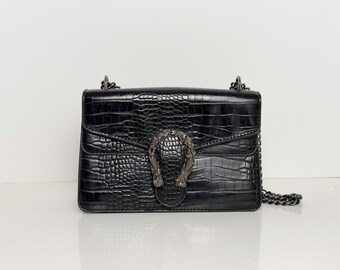 Vintage Y2K Black Crocodile Embossed Shoulder Bag – Faux Leather