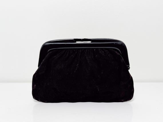 Vintage 1980s Italian Black Suede Clutch – Acrylic Frame Evening Bag, Made in Italy