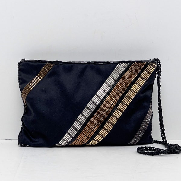 Vintage 1970s Clovis Ruffin for Magid Gold, Silver, Bronze, Gold and Black Bugle Beads on Black Satin Crossbody Strap