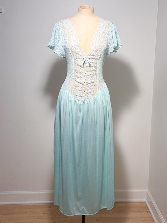 Vintage 1980s Cinema Etoile Mint Green Lace Nightgown Long Nylon Lingerie Drop Waist Small