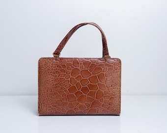 Vintage 1950s Gamins Brown Embossed Leather Alligator Pattern Top-Handle Handbag