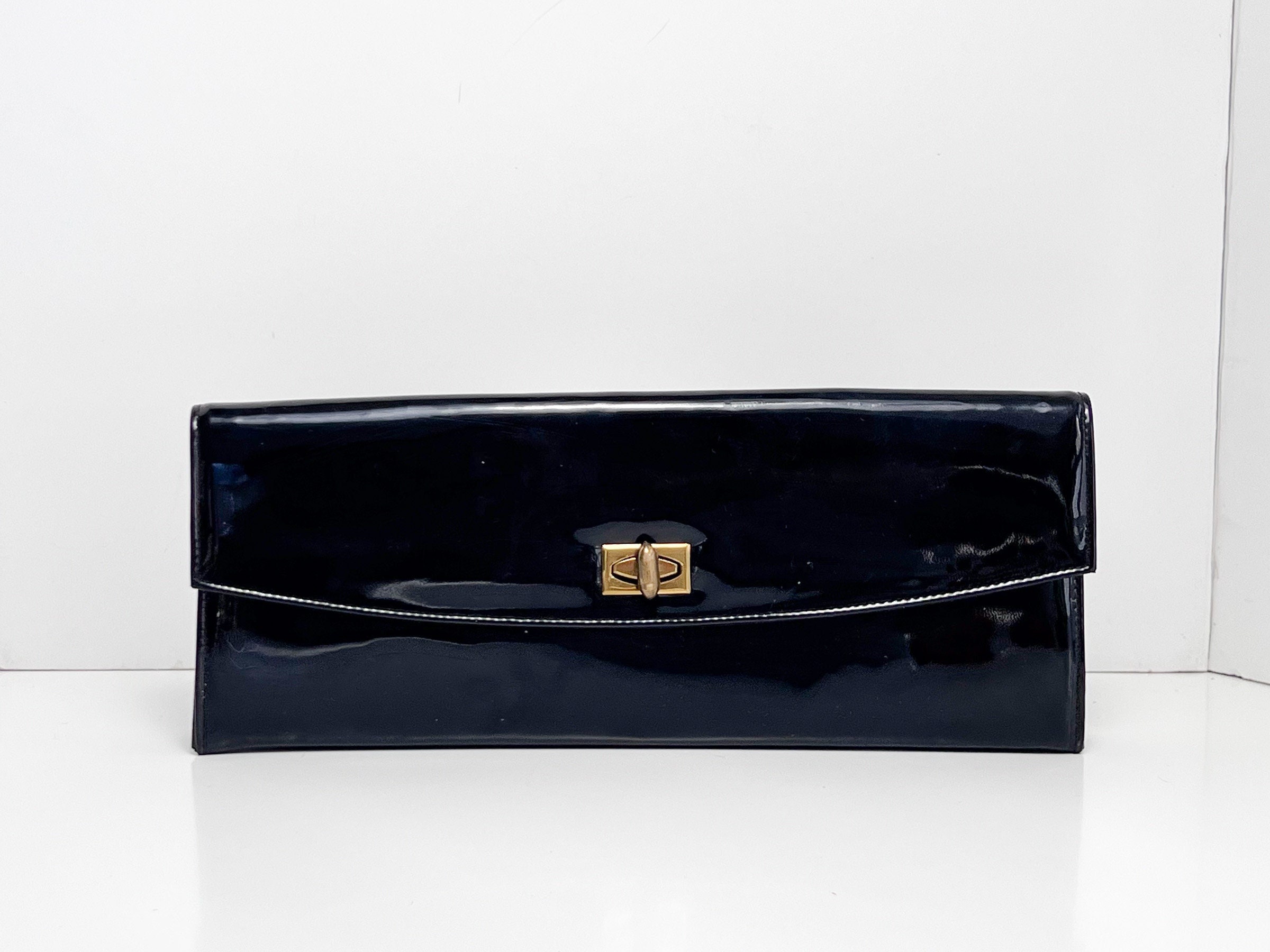 Navy blue patent leather top clutch bag