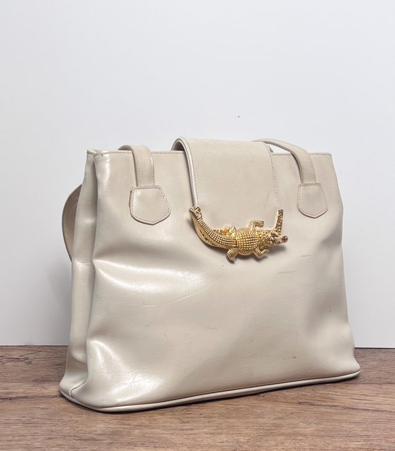 Vintage Bone/Beige Faux Leather Tote Bag with a G… - image 3