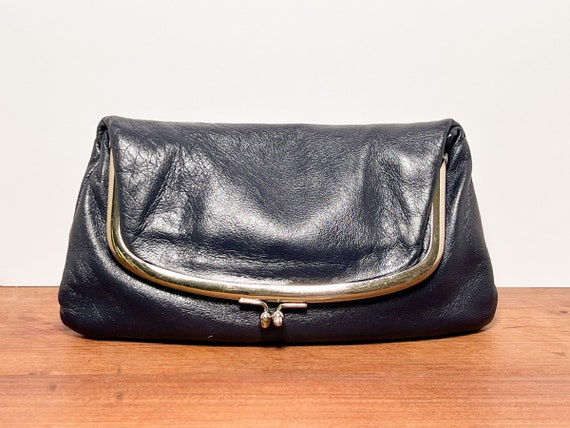 Vintage Ingber Navy Blue Leather Fold-Over Clutch - image 1