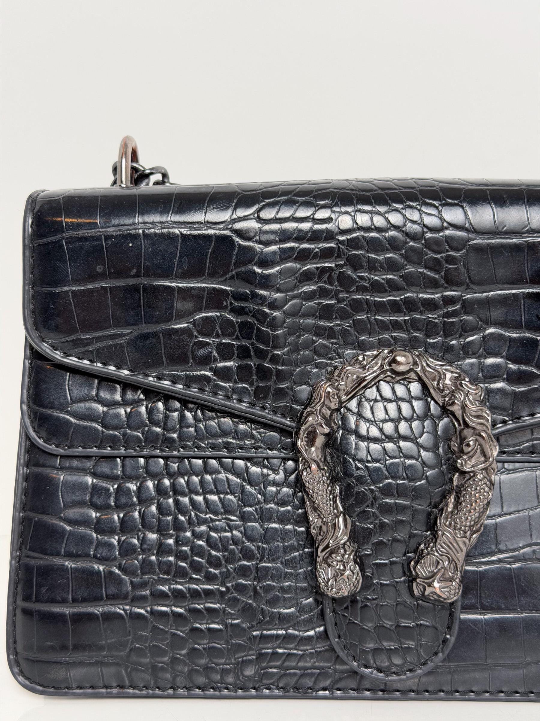 Vintage Y2K Black Crocodile Embossed Shoulder Bag – Faux Leather