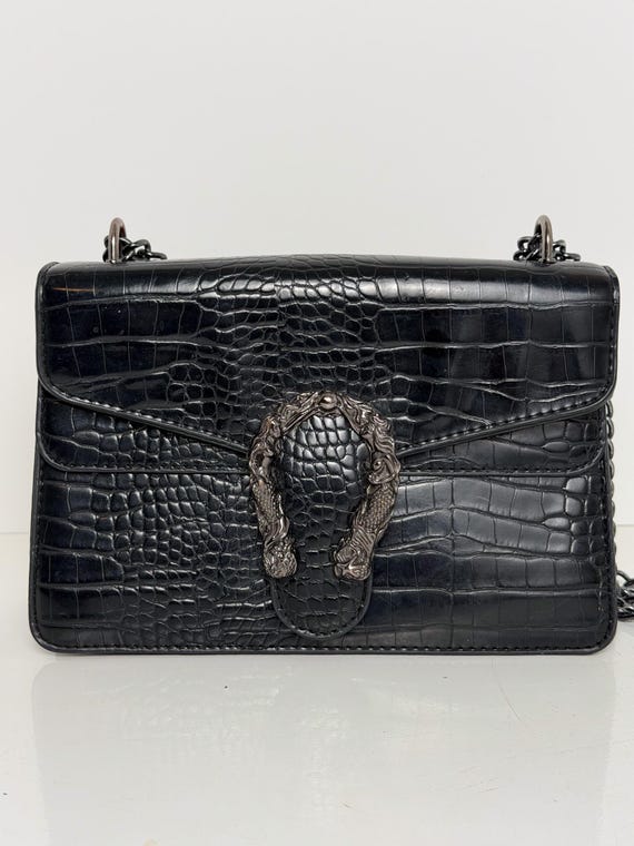 Vintage Y2K Black Crocodile Embossed Shoulder Bag – Faux Leather