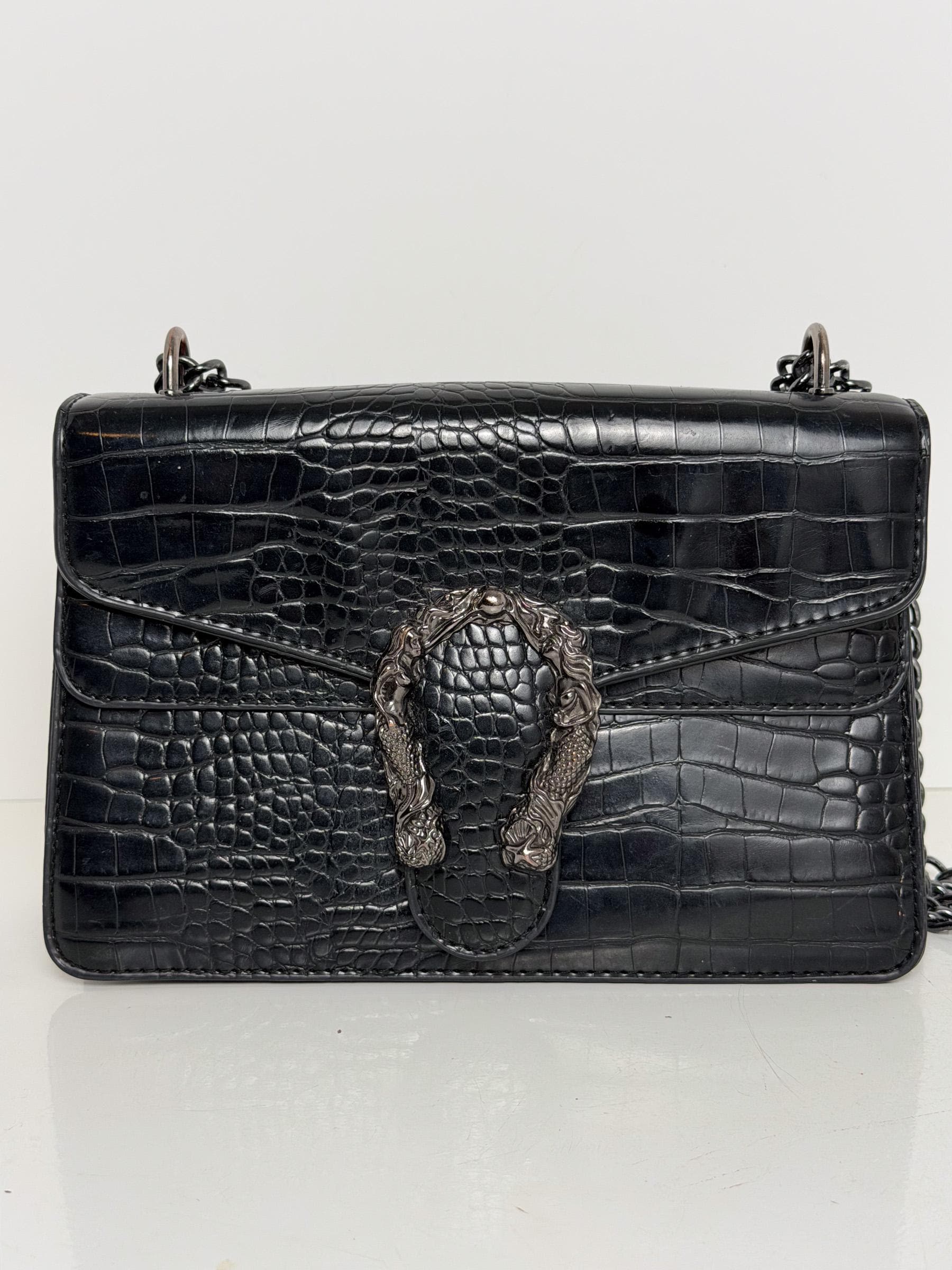 バッグ 00s leather handbag crocodile y2k grunge Vintage Y2K Black Crocodile Embossed Shoulder Bag – Faux Leather