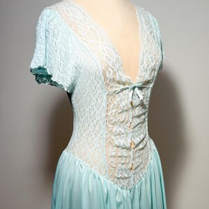 Vintage 1980s Cinema Etoile Mint Green Lace Nightgown Long Nylon Lingerie Drop Waist Small image 5