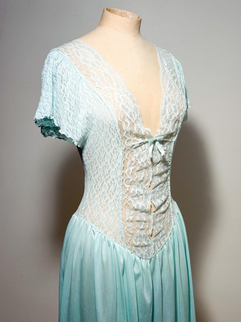 Vintage 1980s Cinema Etoile Mint Green Lace Nightgown Long Nylon Lingerie Drop Waist Small image 5