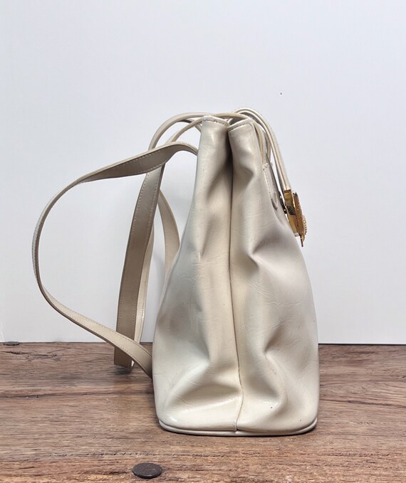 Vintage Bone/Beige Faux Leather Tote Bag with a G… - image 4
