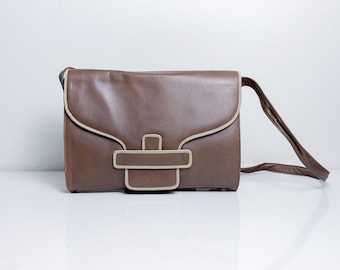 Bolso de hombro vintage Nouchka Italy de piel color marrón claro y topo, años 70