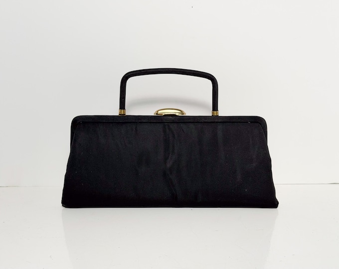 Vintage 1950s Bobbie Jerome Black Satin Evening Bag East West Long Convertible Clutch