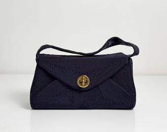 Vintage Cordé Handbag: 1940s Black Rayon Purse with Gold Lock