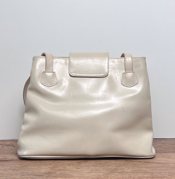 Vintage Bone/Beige Faux Leather Tote Bag with a G… - image 8