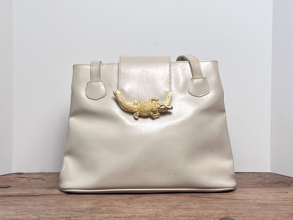 Vintage Bone/Beige Faux Leather Tote Bag with a G… - image 1