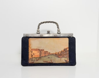 Vintage Stylecraft Miami Handtasche aus den 1950er Jahren | Venedig-Motiv | Silberner, geflochtener Metallgriff | Henkeltasche aus der Mitte des 20. Jahrhunderts