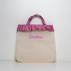 Vintage Neiman Marcus Pink Frosted Vinyl Tote – Ruffle Trim Handle Bag – 80s Department Store Glam – Rare Collectible Shopper