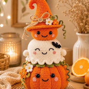 May include: A stacked crochet amigurumi set featuring a large orange pumpkin base, a white ghost in the middle, and a small orange pumpkin wearing a pointed hat on top. The figures have black bead eyes, stitched smiles, and pink cheeks.