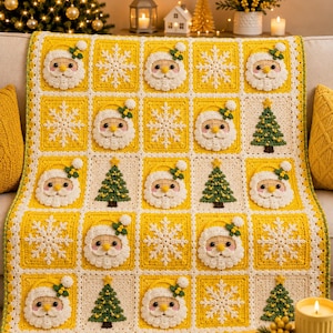 Puede incluir: Una manta de ganchillo con una cuadrícula de paneles cuadrados en amarillo y crema. Los paneles muestran motivos alternos de caras de Papá Noel con barbas blancas, copos de nieve blancos y árboles de Navidad verdes con estrellas amarillas.